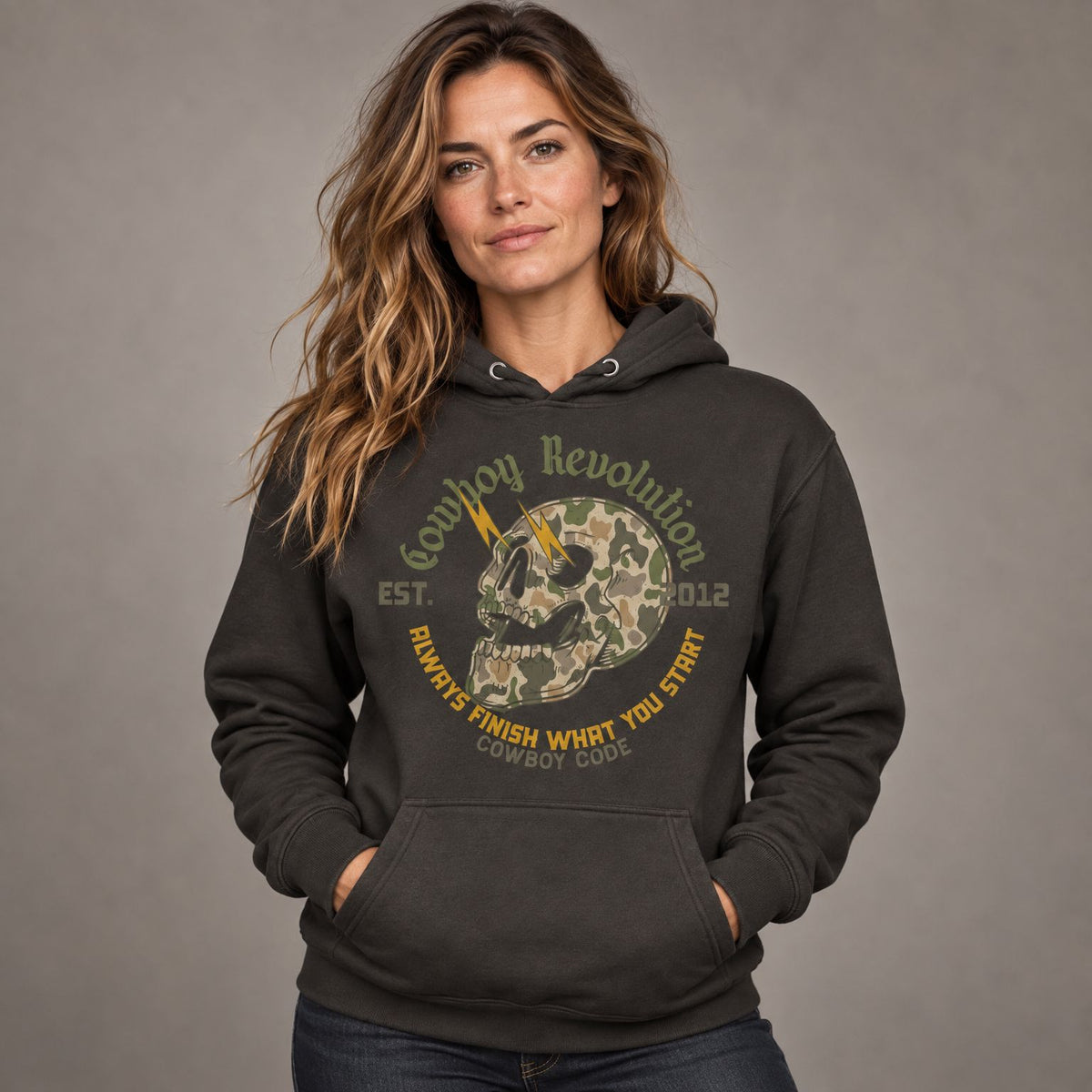 Cowboy Code #3 Finish hoodie worn by female model in studio