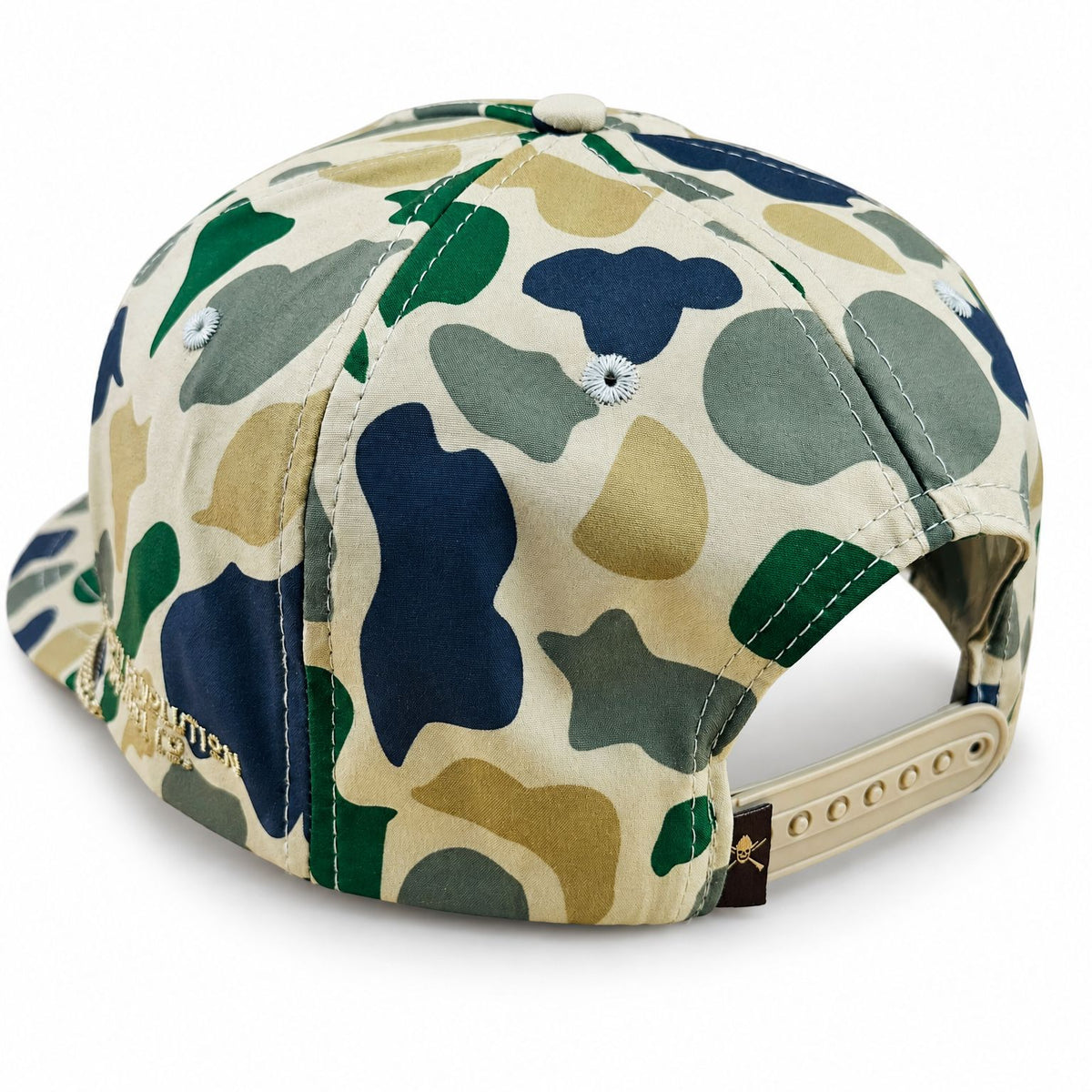 Duck Camo Script Cowboy Hat 5-panel trucker hat - back view with snapback on white