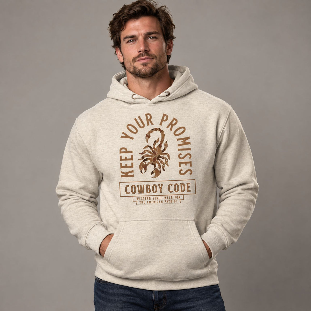 Cowboy Code #6 Promises hoodie worn by male model in studio