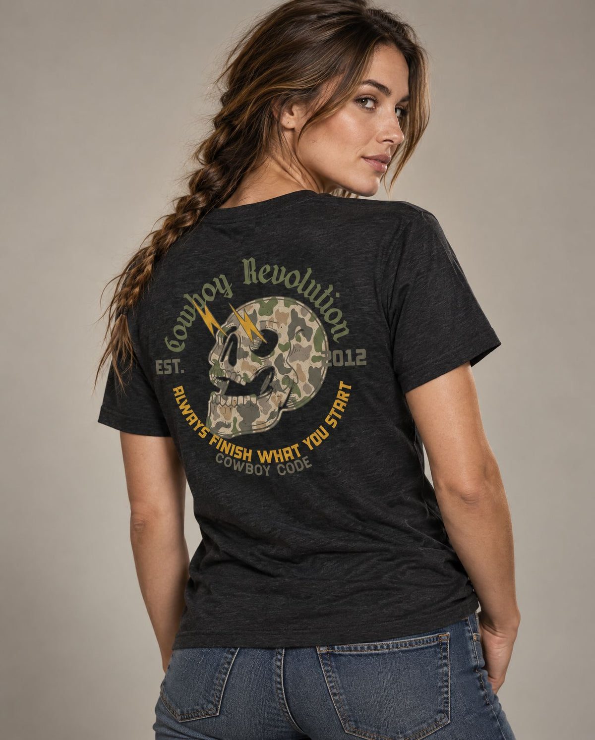 Female model in Cowboy Code No. 3 Always Finish What You Start tee, Charcoal-Black, Cowboy Revolution