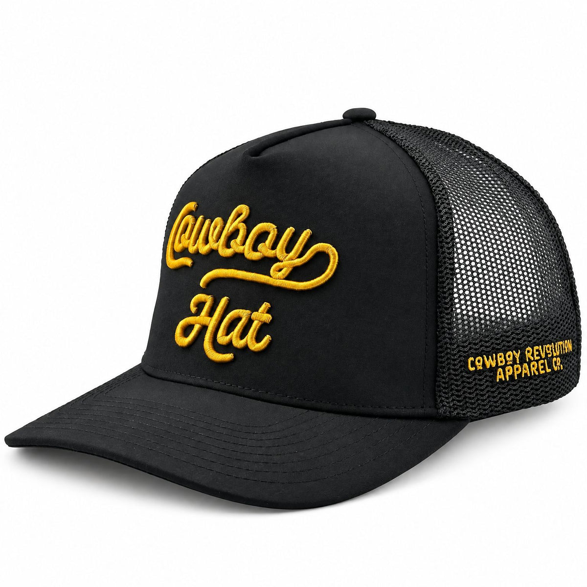 The Original Script Cowboy Hat black 5-panel trucker hat - high-angle profile on white