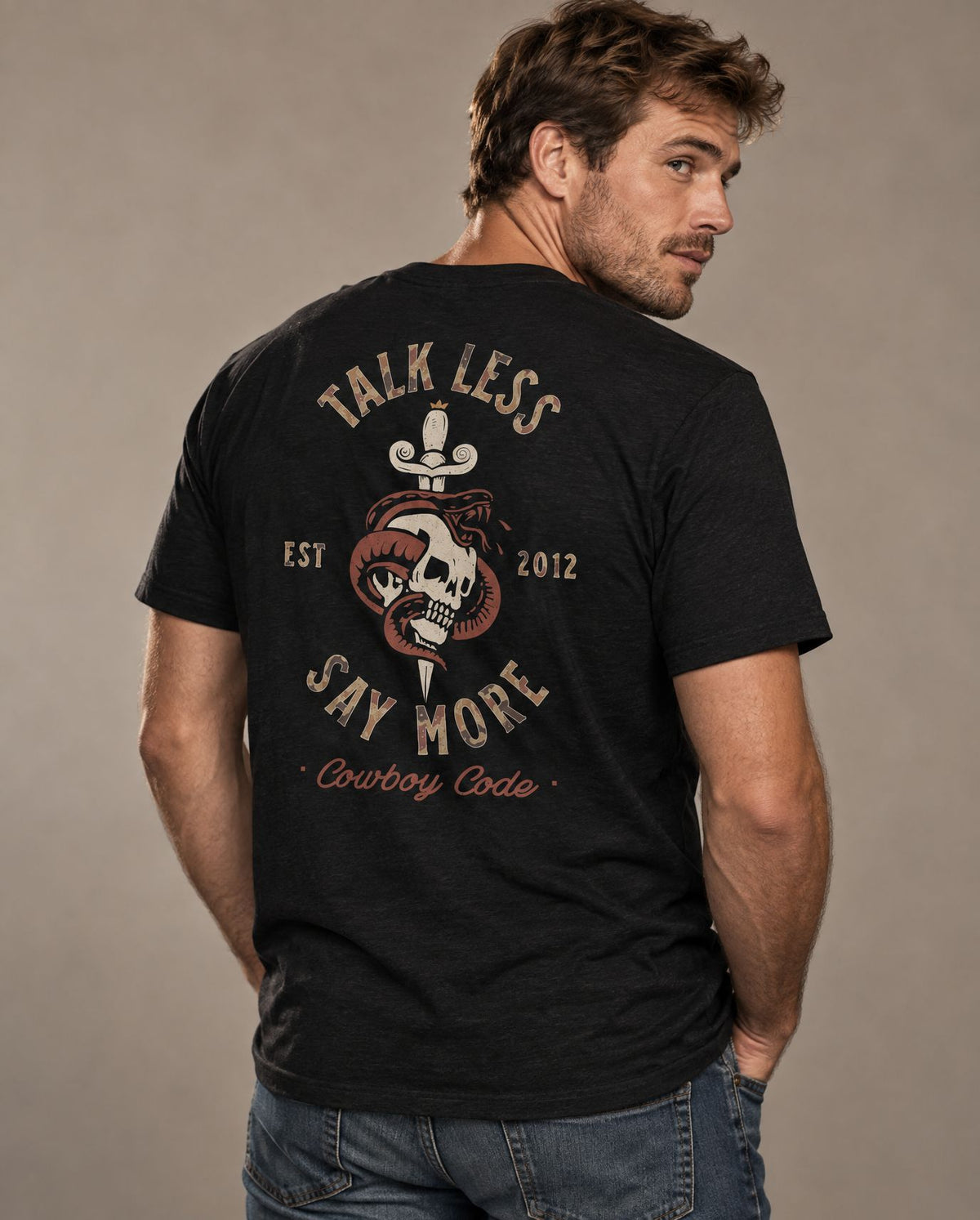 Male model in Cowboy Code #8 Talk Less, Say More tee, Solid Black, Cowboy Revolution