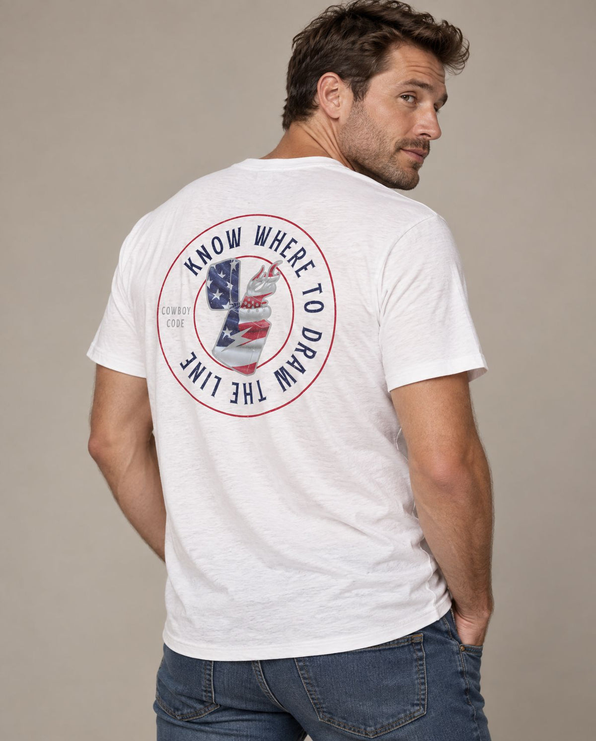 Male model in Cowboy Code #10 Know Where to Draw the Line tee, Solid White, Cowboy Revolution