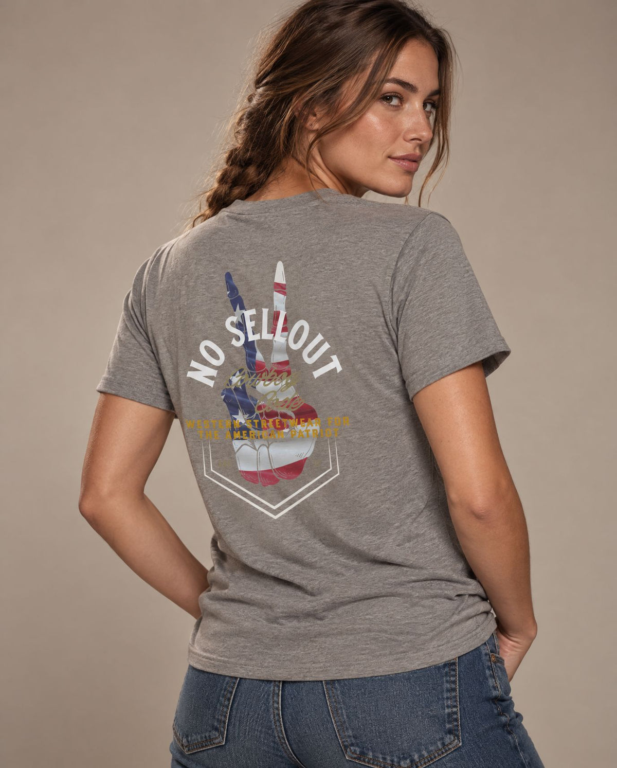 Female model in Cowboy Code #9 No Sellout tee, Grey, Cowboy Revolution