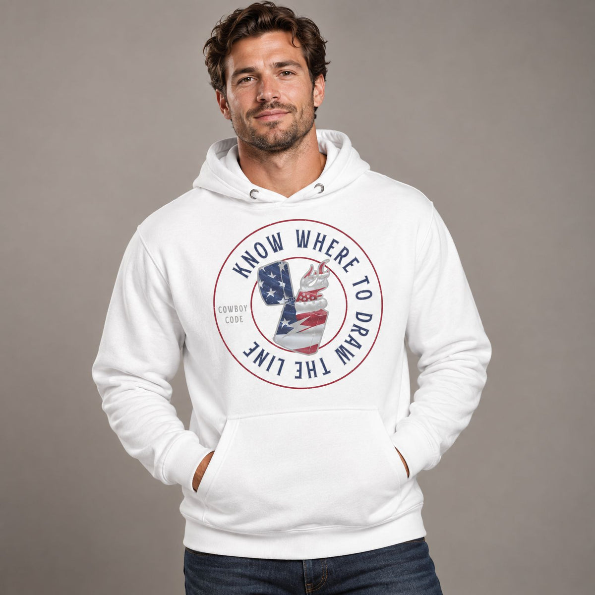 Cowboy Code #10 Draw the Line hoodie worn by male model in studio