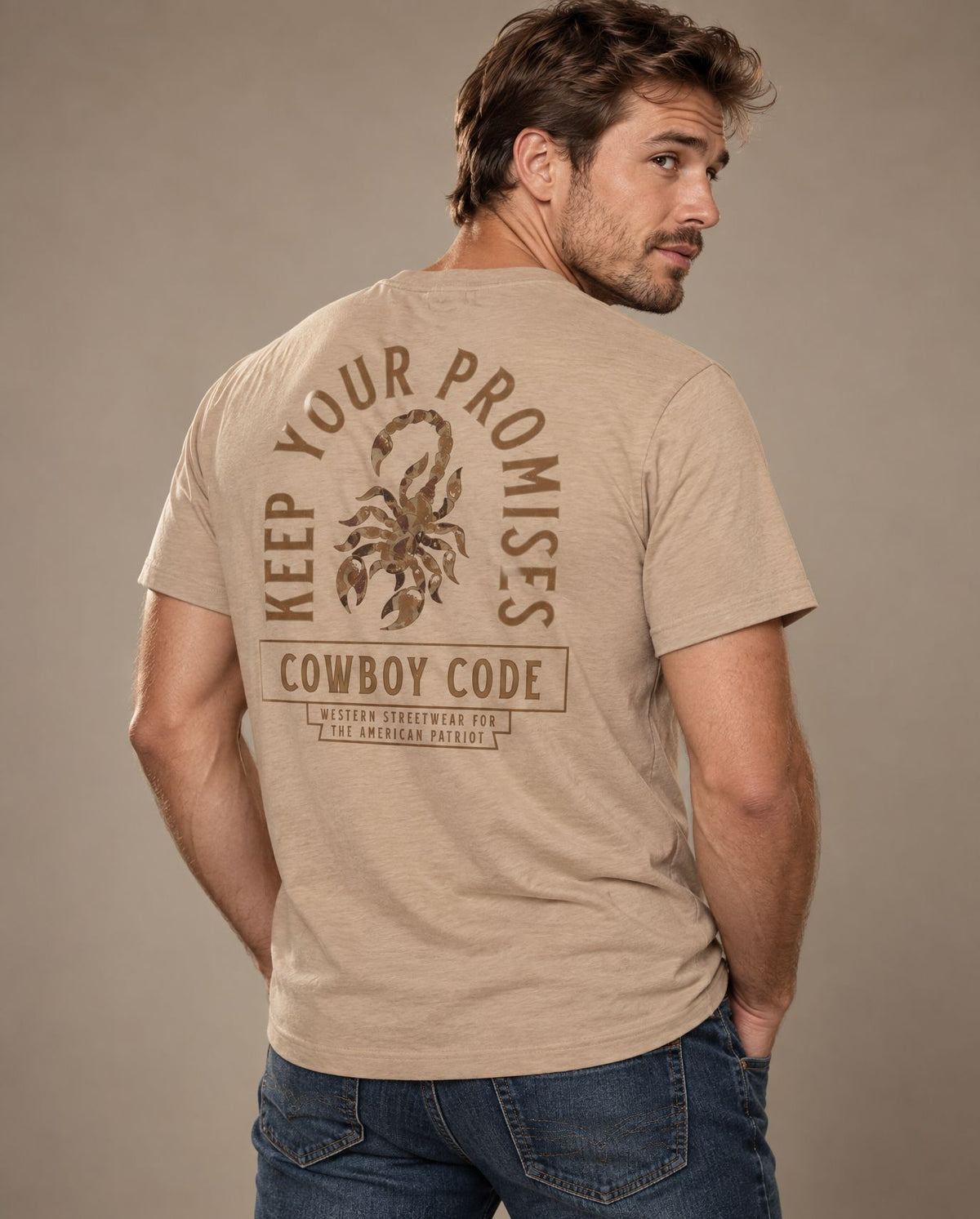 Male model in Cowboy Code #6 Keep Your Promises tee, Tan, Cowboy Revolution