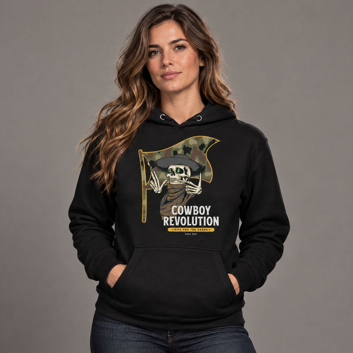 Cowboy Code #7 Ride for the Brand hoodie worn by female model in studio