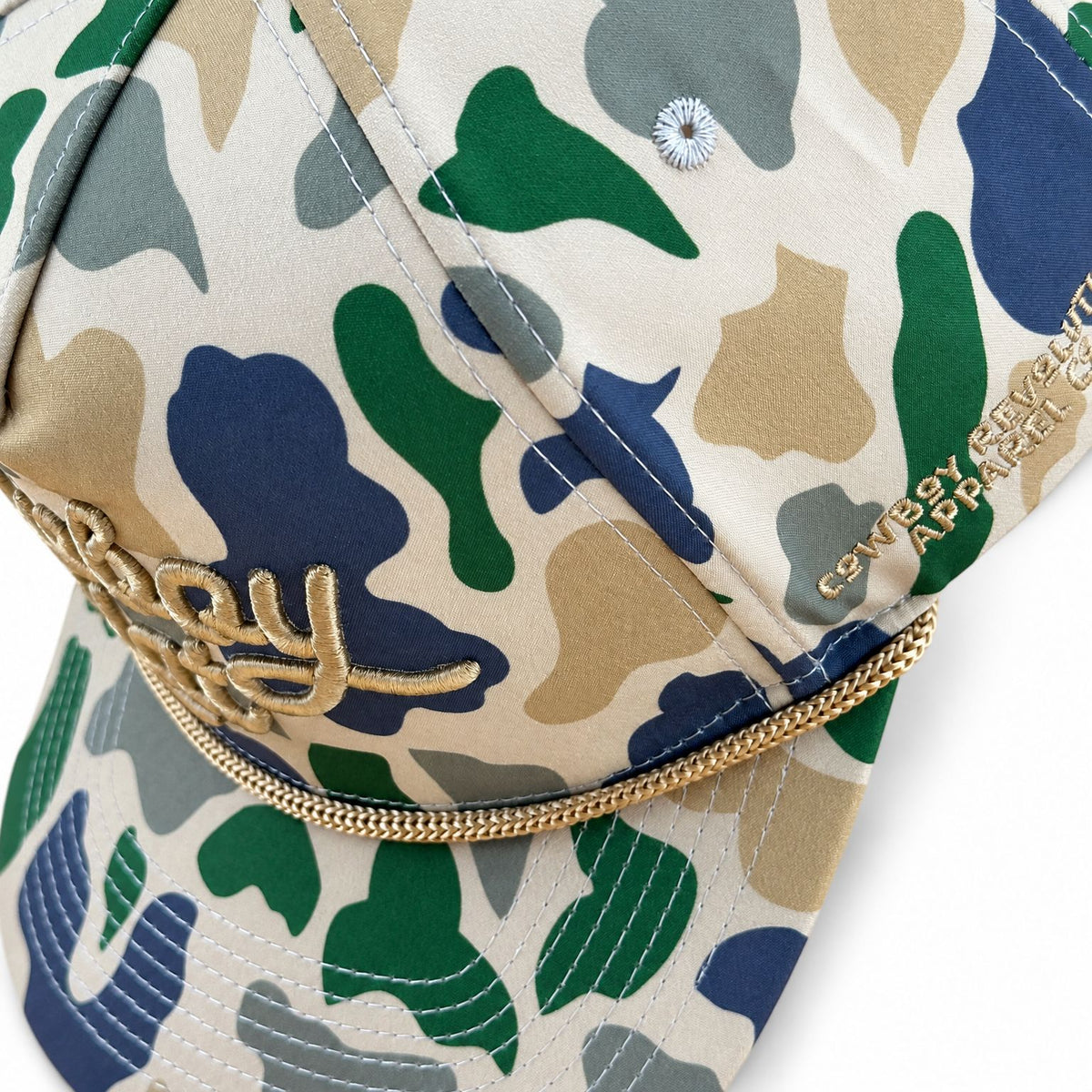 Duck Camo Script Cowboy Hat 5-panel trucker hat - close-up on white