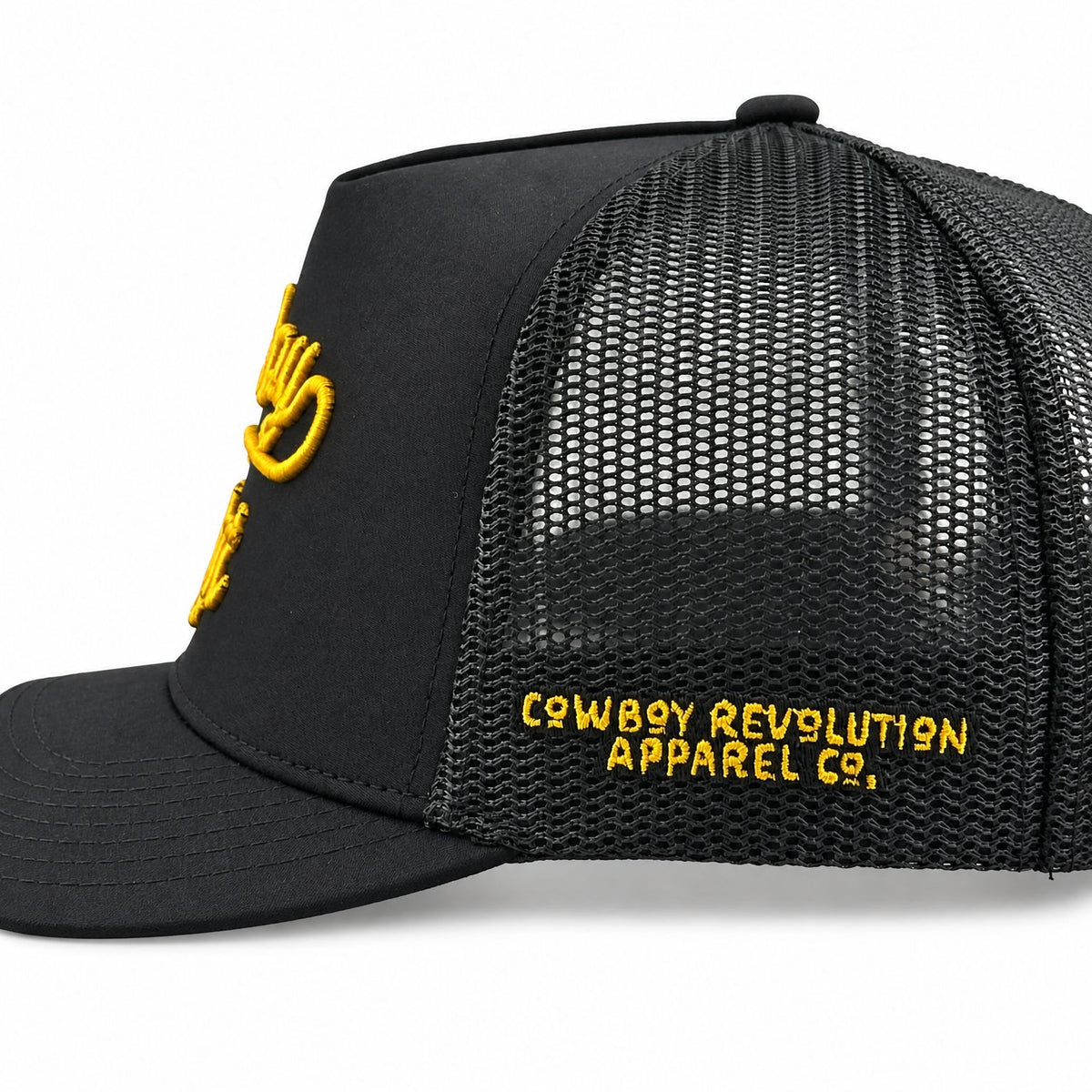 The Original Script Cowboy Hat black 5-panel trucker hat - side profile on white