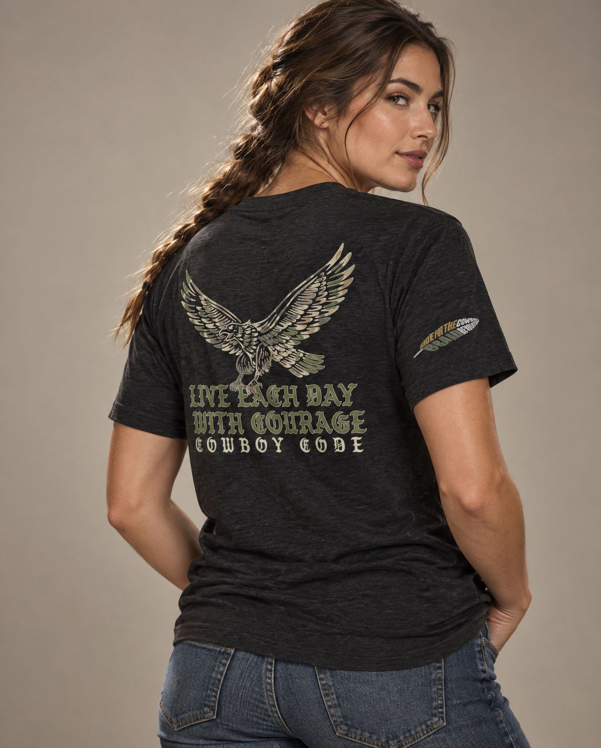 Female model in Cowboy Code #1 Live Each Day With Courage tee, Charcoal-Black, Cowboy Revolution