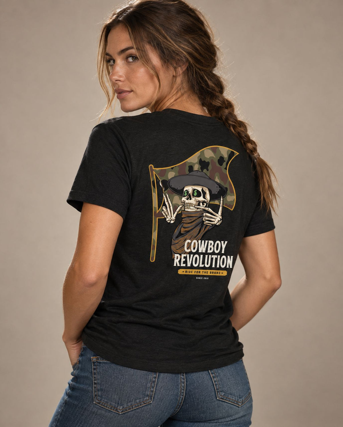 Female model in Cowboy Code #7 Ride for the Brand tee, Solid Black, Cowboy Revolution