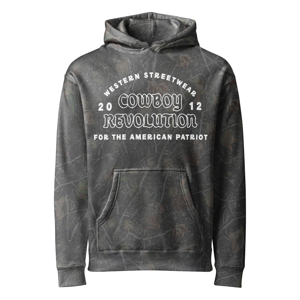 Cowboy Revolution Western Streetwear logo heavyweight hoodie in Darkwood Tree Camo, front view