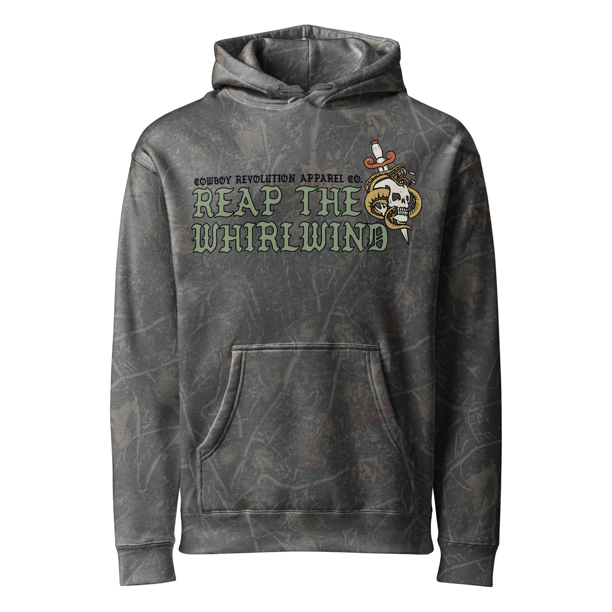 Cowboy Revolution Reap The Whirlwind Camo Heavyweight Hoodie in Darkwood Tree Camo, front view