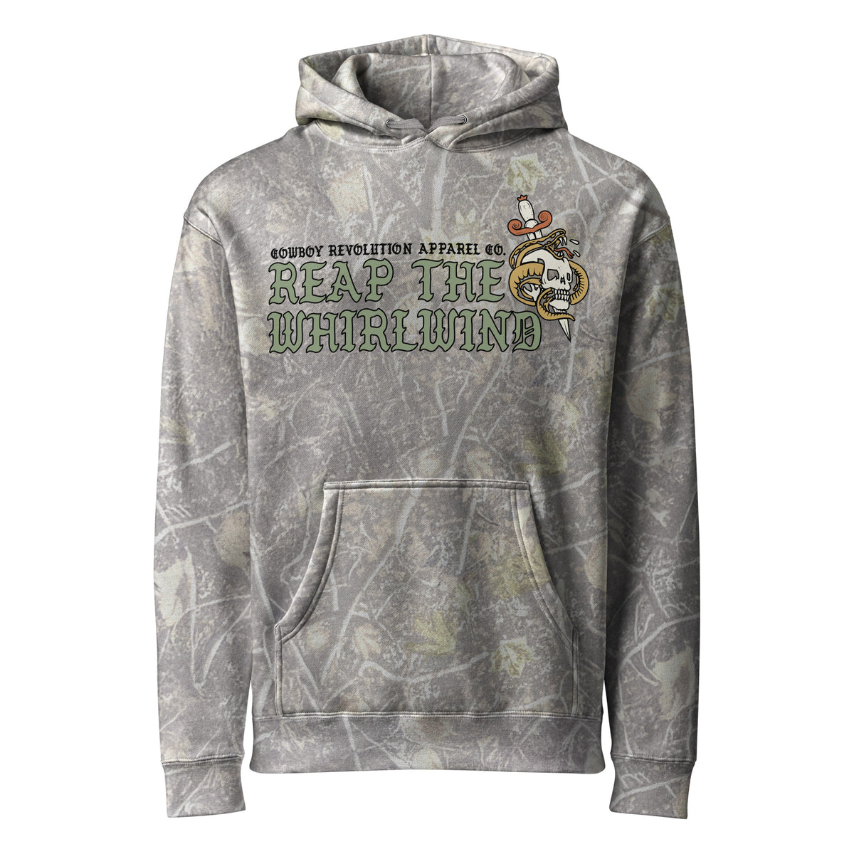 Cowboy Revolution Reap The Whirlwind Camo Heavyweight Hoodie in Deadwood Tree Camo, front view