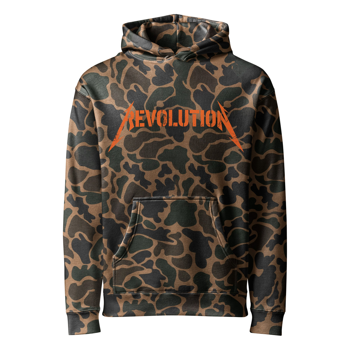Cowboy Revolution Shocker logo heavyweight hoodie in Duck Camo, front view