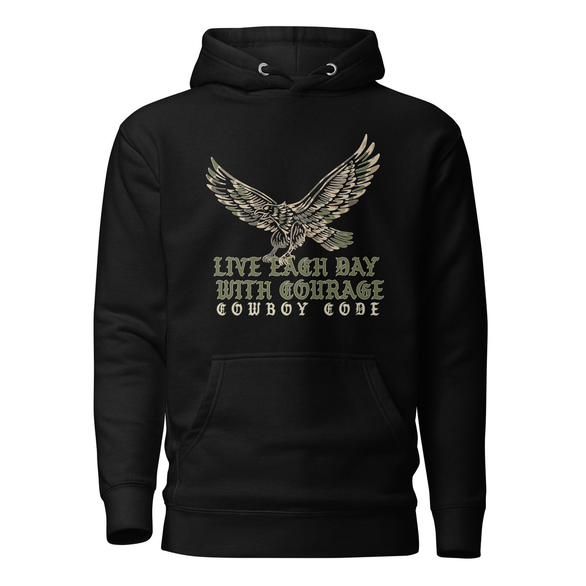 Cowboy Code #1 Courage premium hoodie in black with eagle graphic, front view