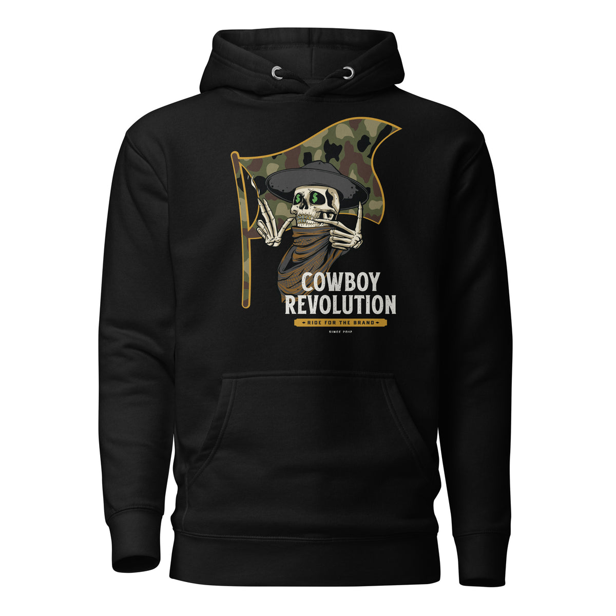 Cowboy Code #7 Ride for the Brand premium hoodie in black with cowboy skeleton and camo flag, front view