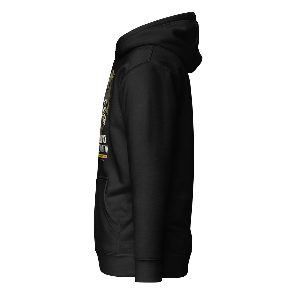 Cowboy Code #7 Ride for the Brand premium hoodie in black with cowboy skeleton and camo flag, left view