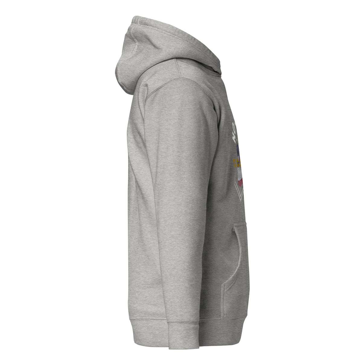 Cowboy Code #9 No Sellout premium hoodie in carbon grey with American flag badge, right view