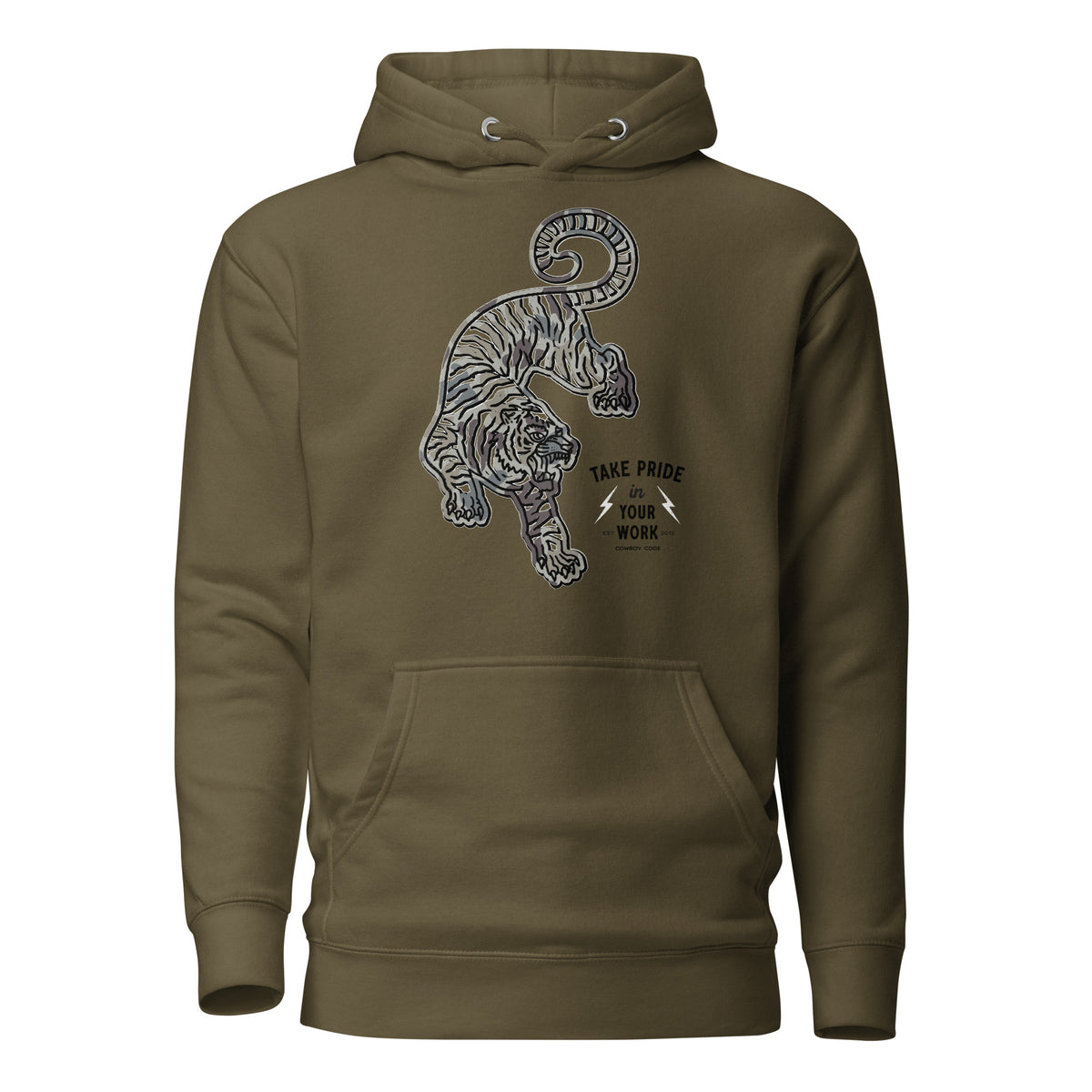 Cowboy Code #2 Work premium hoodie in military green with tiger graphic, front view