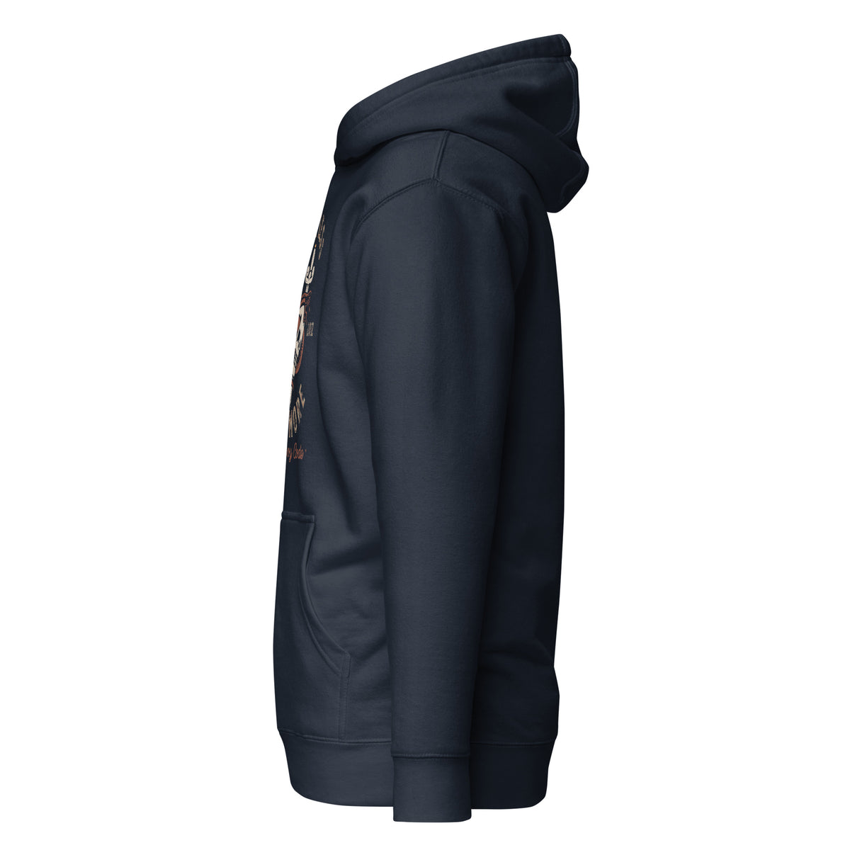 Cowboy Code #8 Talk Less Say More premium hoodie in navy with tattoo-flash skull graphic, left view