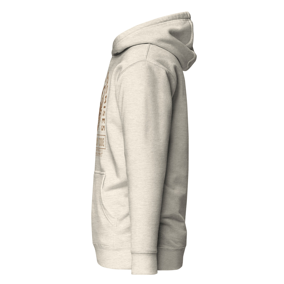 Cowboy Code #6 Promises premium hoodie in oatmeal heather with scorpion graphic, left view