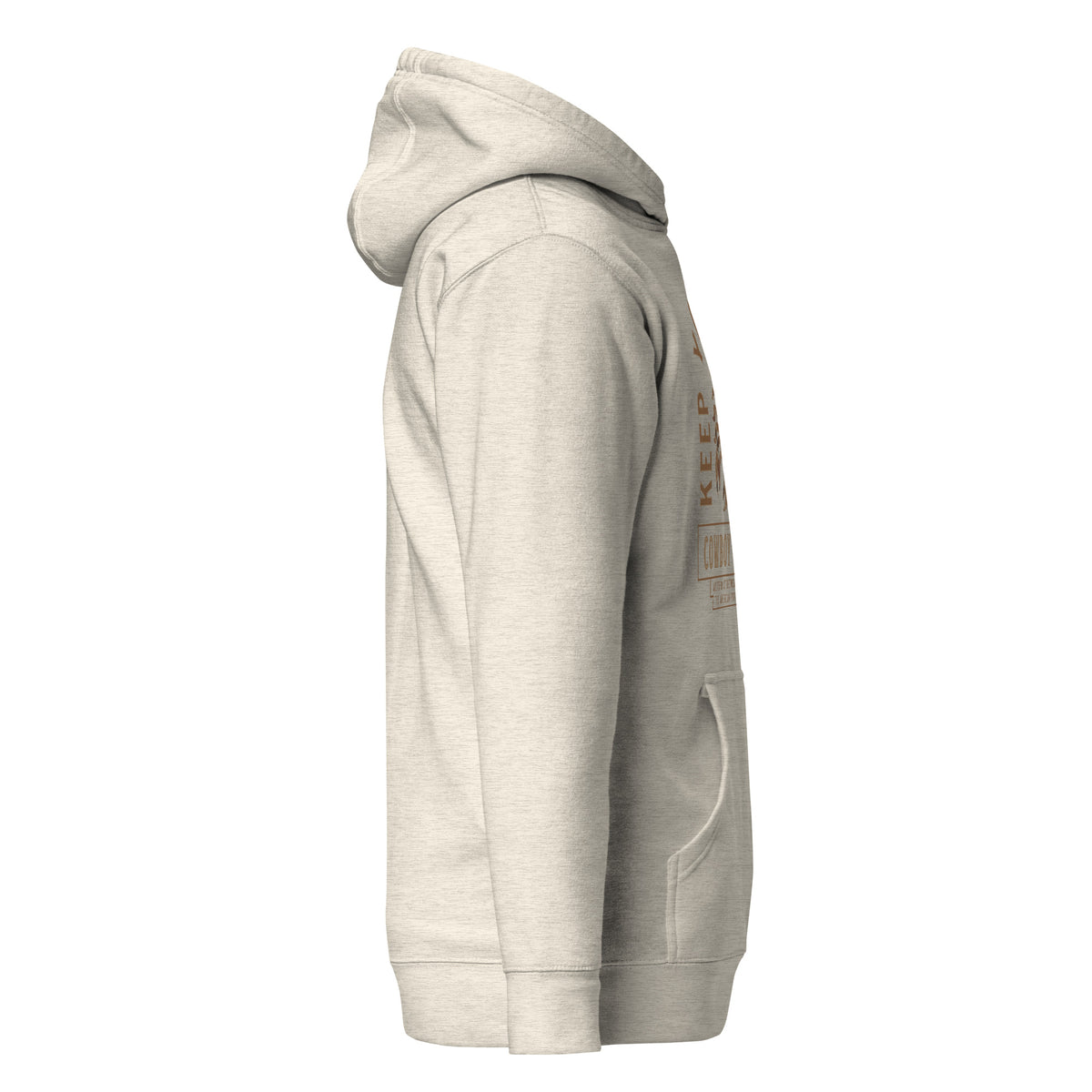 Cowboy Code #6 Promises premium hoodie in oatmeal heather with scorpion graphic, right view