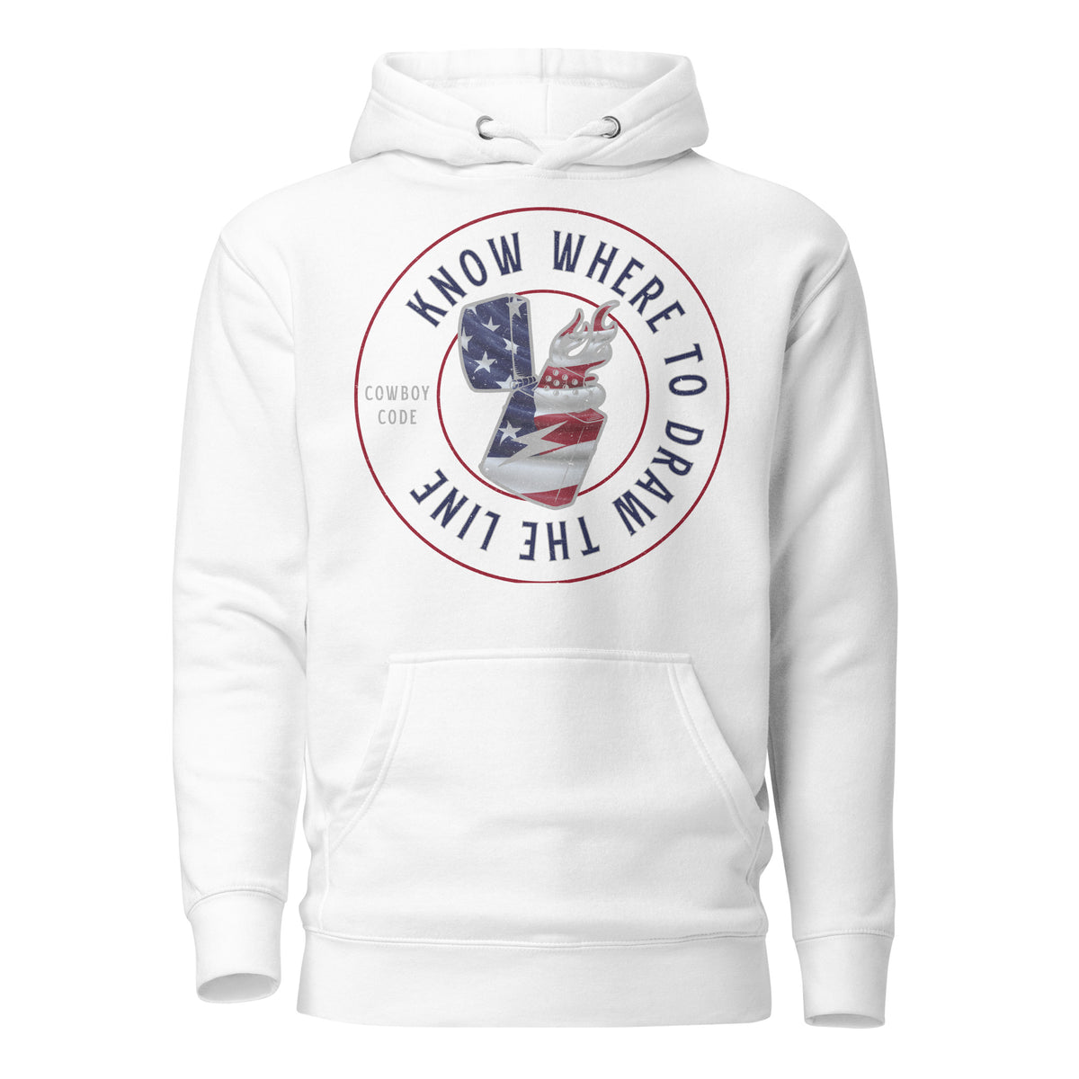 Cowboy Code #10 Draw the Line premium hoodie in white with stars-and-stripes lighter badge, front view