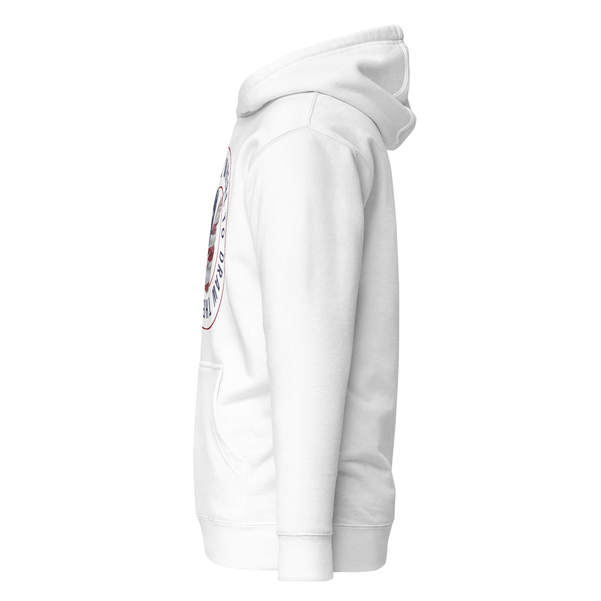 Cowboy Code #10 Draw the Line premium hoodie in white with stars-and-stripes lighter badge, left view