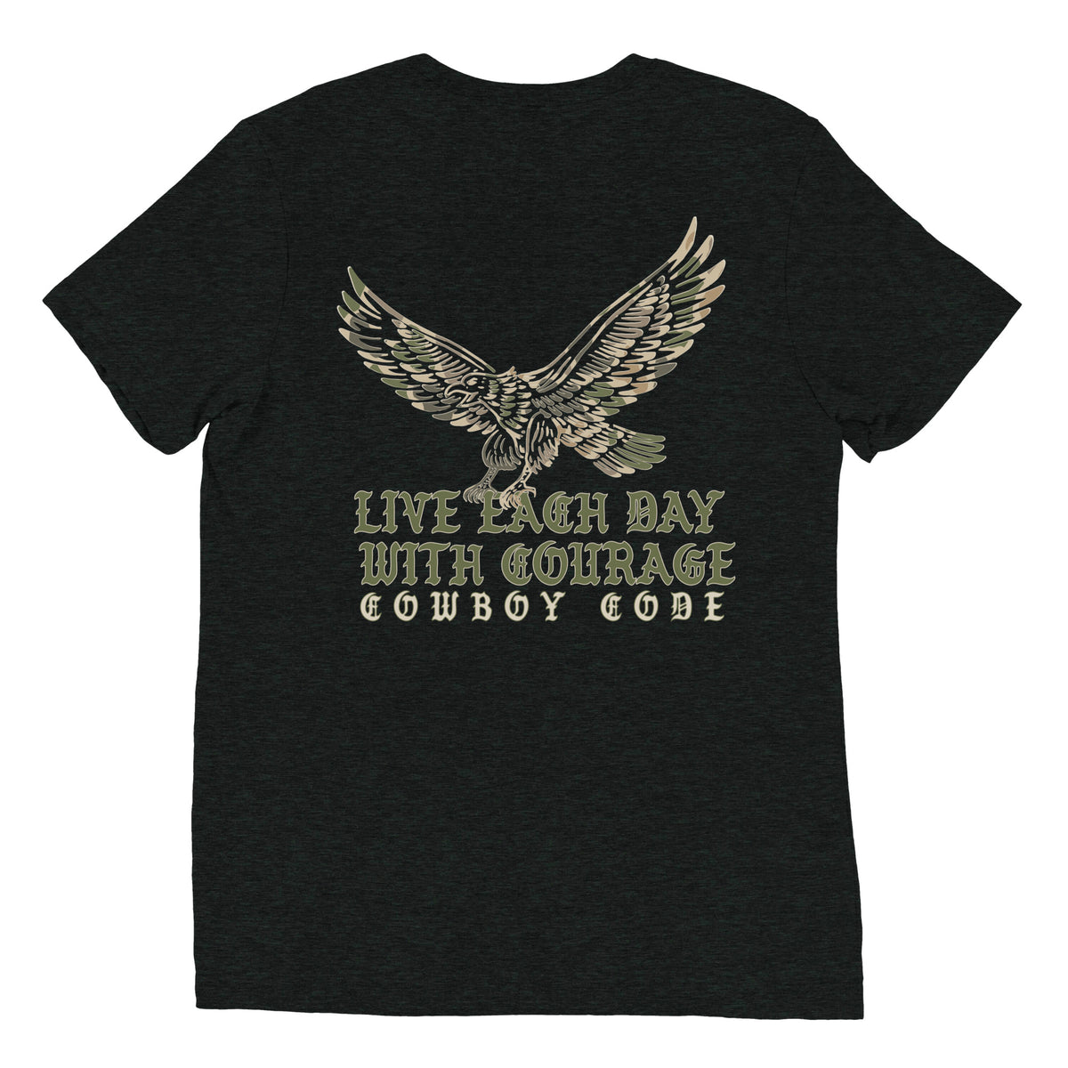 Cowboy Code #1 Live Each Day With Courage tee in Charcoal-Black, back view, Cowboy Revolution Western graphic t-shirt