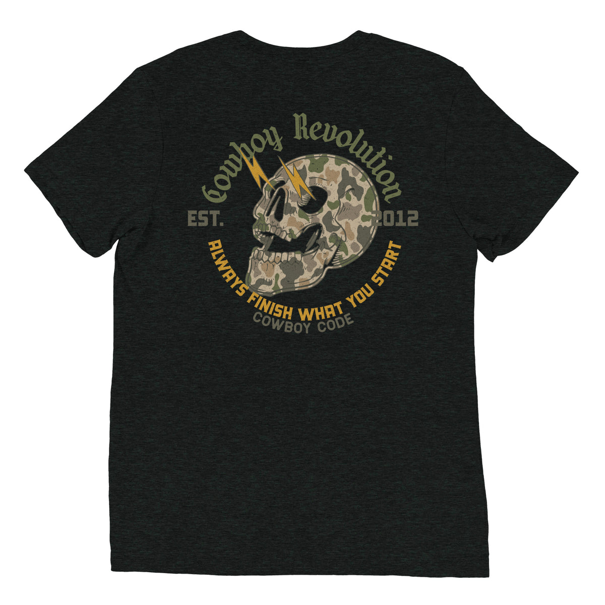 Cowboy Code #3 Always Finish What You Start tee in Charcoal-Black, back view, Cowboy Revolution Western graphic t-shirt