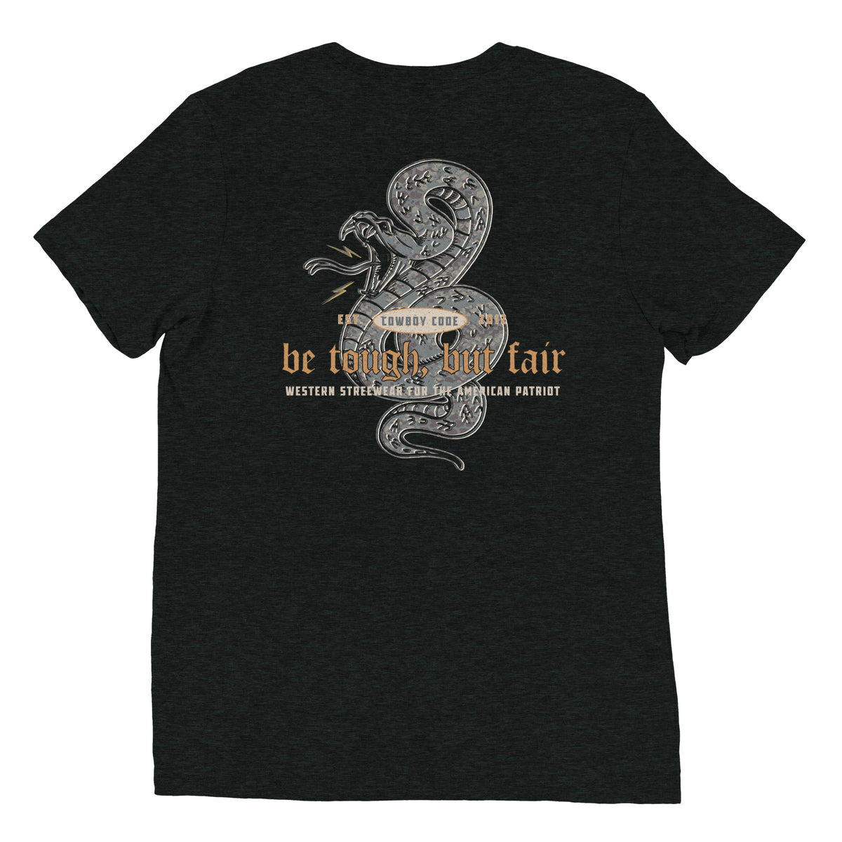 Cowboy Code #5 Be Tough, But Fair tee in Charcoal-Black, back view, Cowboy Revolution Western graphic t-shirt