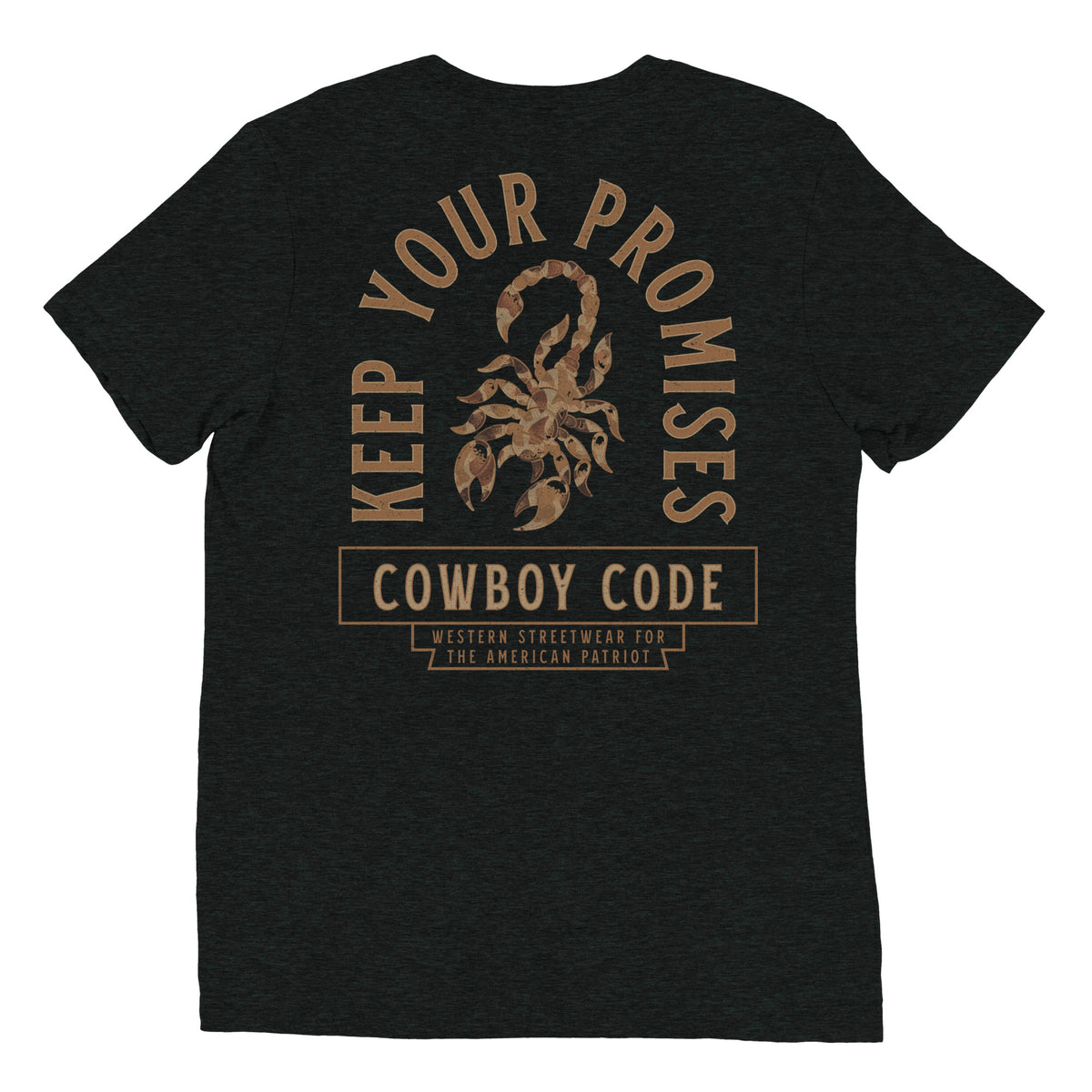 Cowboy Code #6 Keep Your Promises tee in Charcoal-Black, back view, Cowboy Revolution Western graphic t-shirt