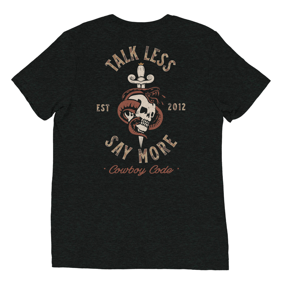 Cowboy Code #8 Talk Less, Say More tee in Charcoal-Black, back view, Cowboy Revolution Western graphic t-shirt