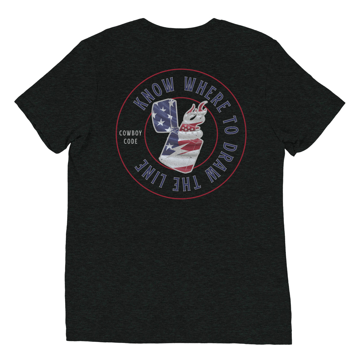 Cowboy Code #10 Know Where to Draw the Line tee in Charcoal-Black, back view, Cowboy Revolution Western graphic t-shirt