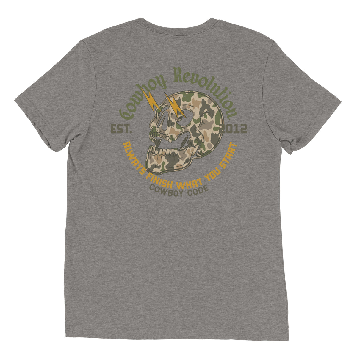 Cowboy Code #3 Always Finish What You Start tee in Grey, back view, Cowboy Revolution Western graphic t-shirt