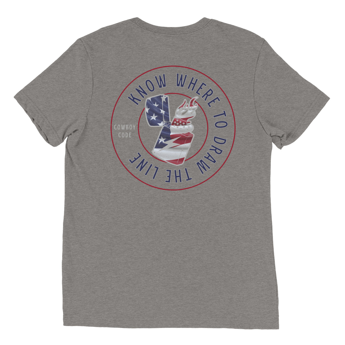 Cowboy Code #10 Know Where to Draw the Line tee in Grey, back view, Cowboy Revolution Western graphic t-shirt