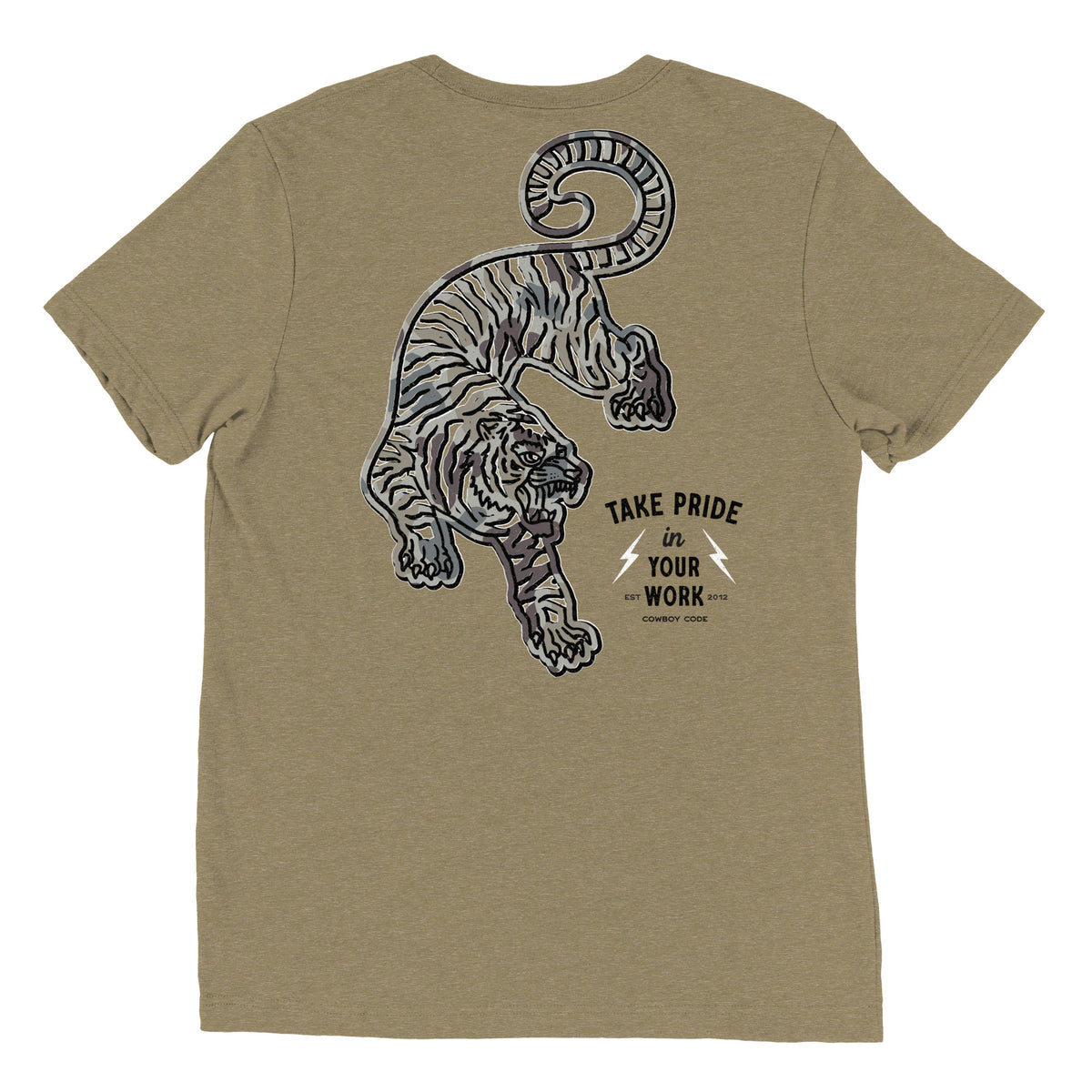 Cowboy Code #2 Take Pride in Your Work tee in Olive, back view, Cowboy Revolution Western graphic t-shirt