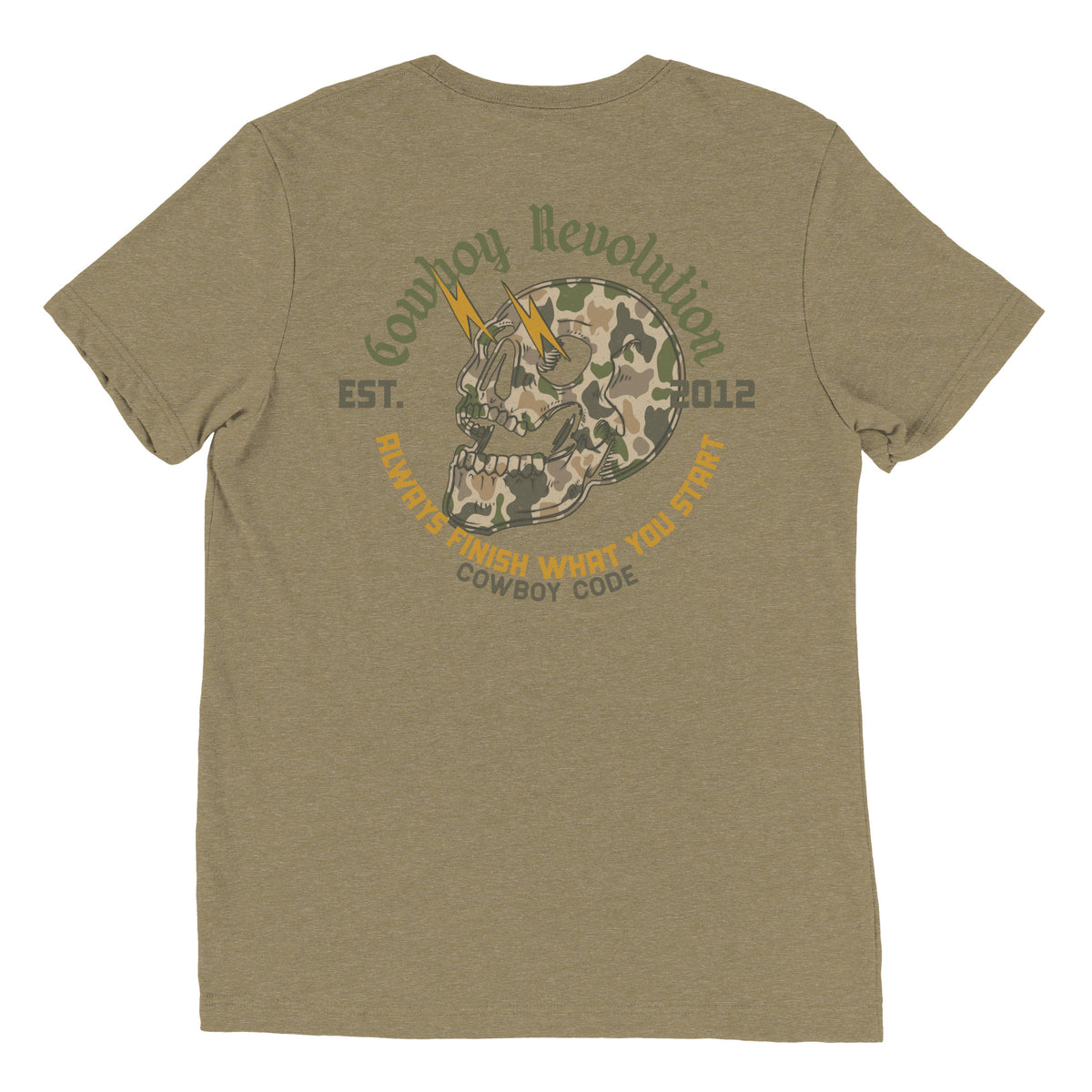 Cowboy Code #3 Always Finish What You Start tee in Olive, back view, Cowboy Revolution Western graphic t-shirt
