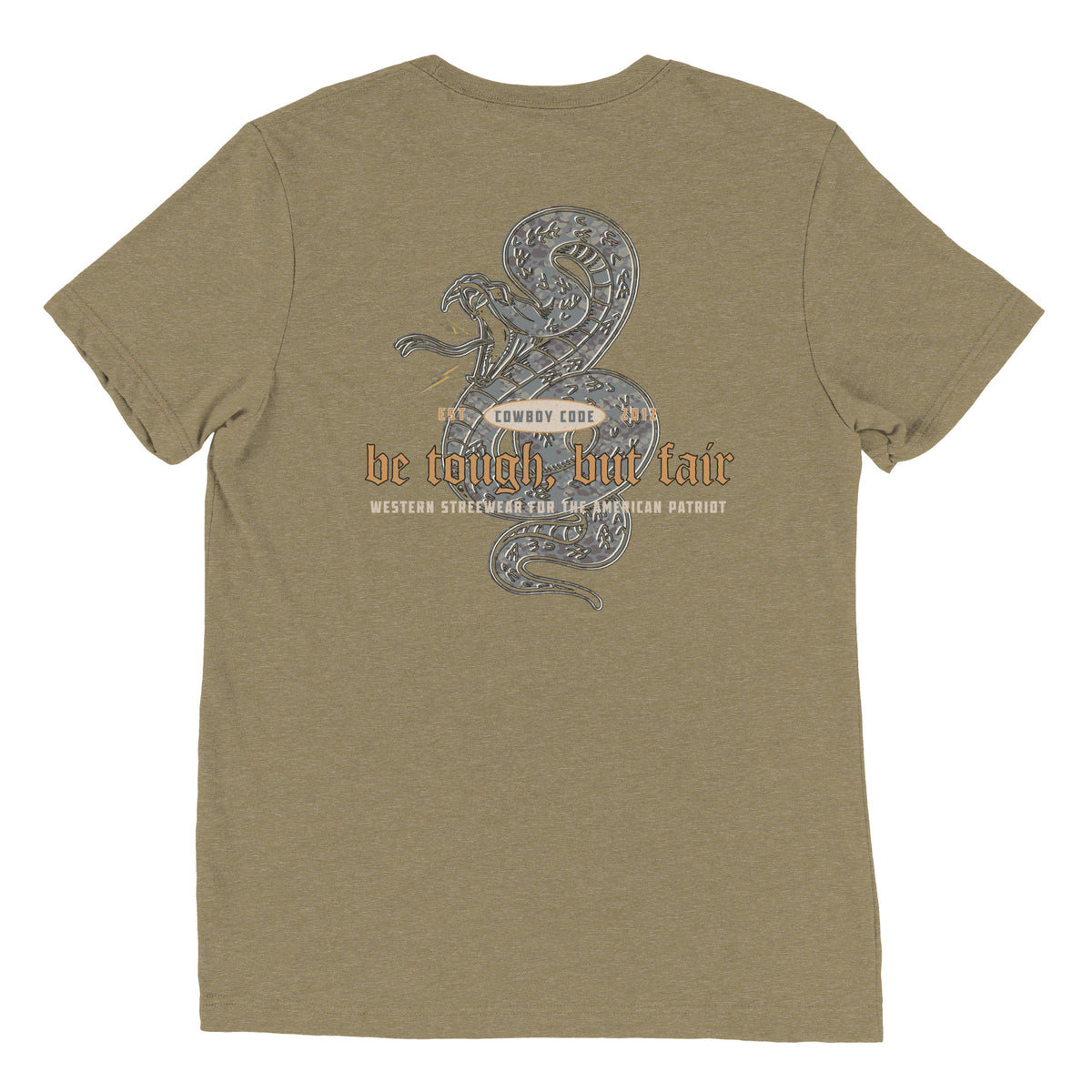 Cowboy Code #5 Be Tough, But Fair tee in Olive, back view, Cowboy Revolution Western graphic t-shirt