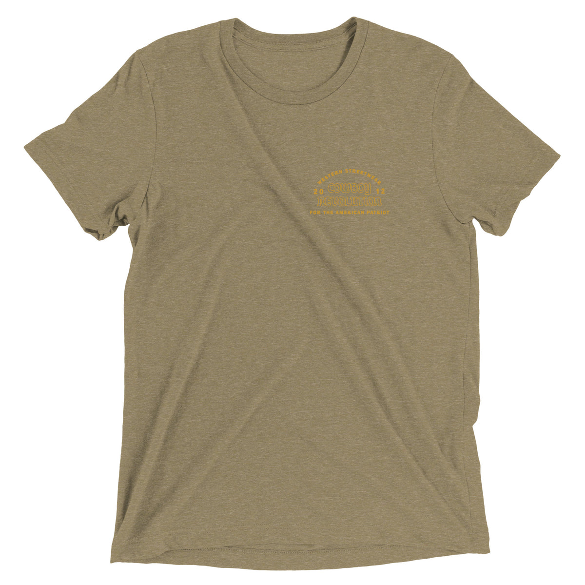 Cowboy Code #7 Ride for the Brand tee in Olive, front view, Cowboy Revolution Western graphic t-shirt