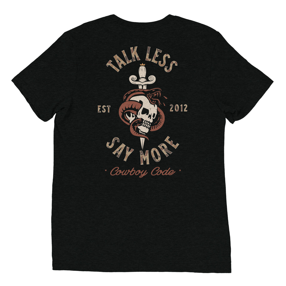 Cowboy Code #8 Talk Less, Say More tee in Solid Black, back view, Cowboy Revolution Western graphic t-shirt