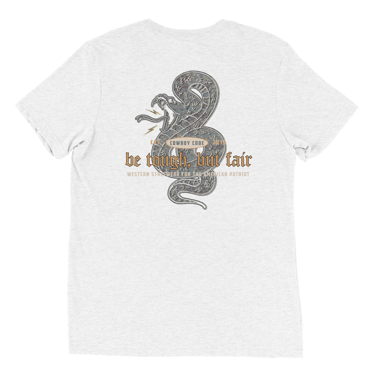 Cowboy Code #5 Be Tough, But Fair tee in Solid White, back view, Cowboy Revolution Western graphic t-shirt