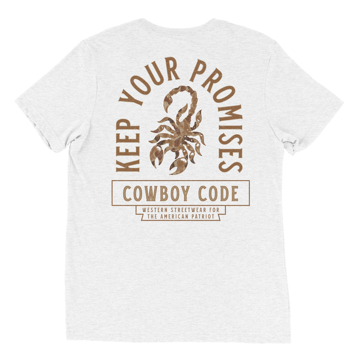 Cowboy Code #6 Keep Your Promises tee in Solid White, back view, Cowboy Revolution Western graphic t-shirt