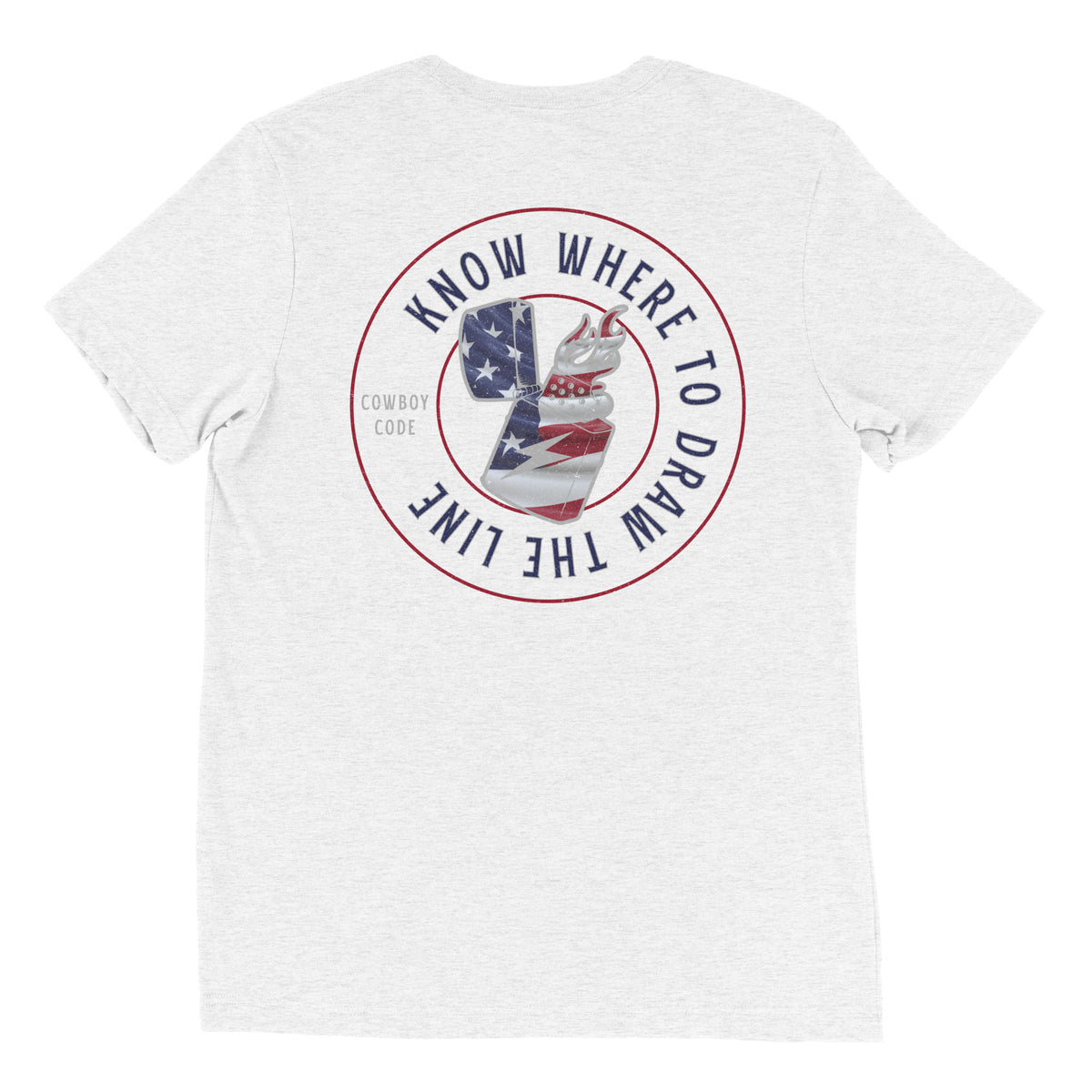 Cowboy Code #10 Know Where to Draw the Line tee in Solid White, back view, Cowboy Revolution Western graphic t-shirt