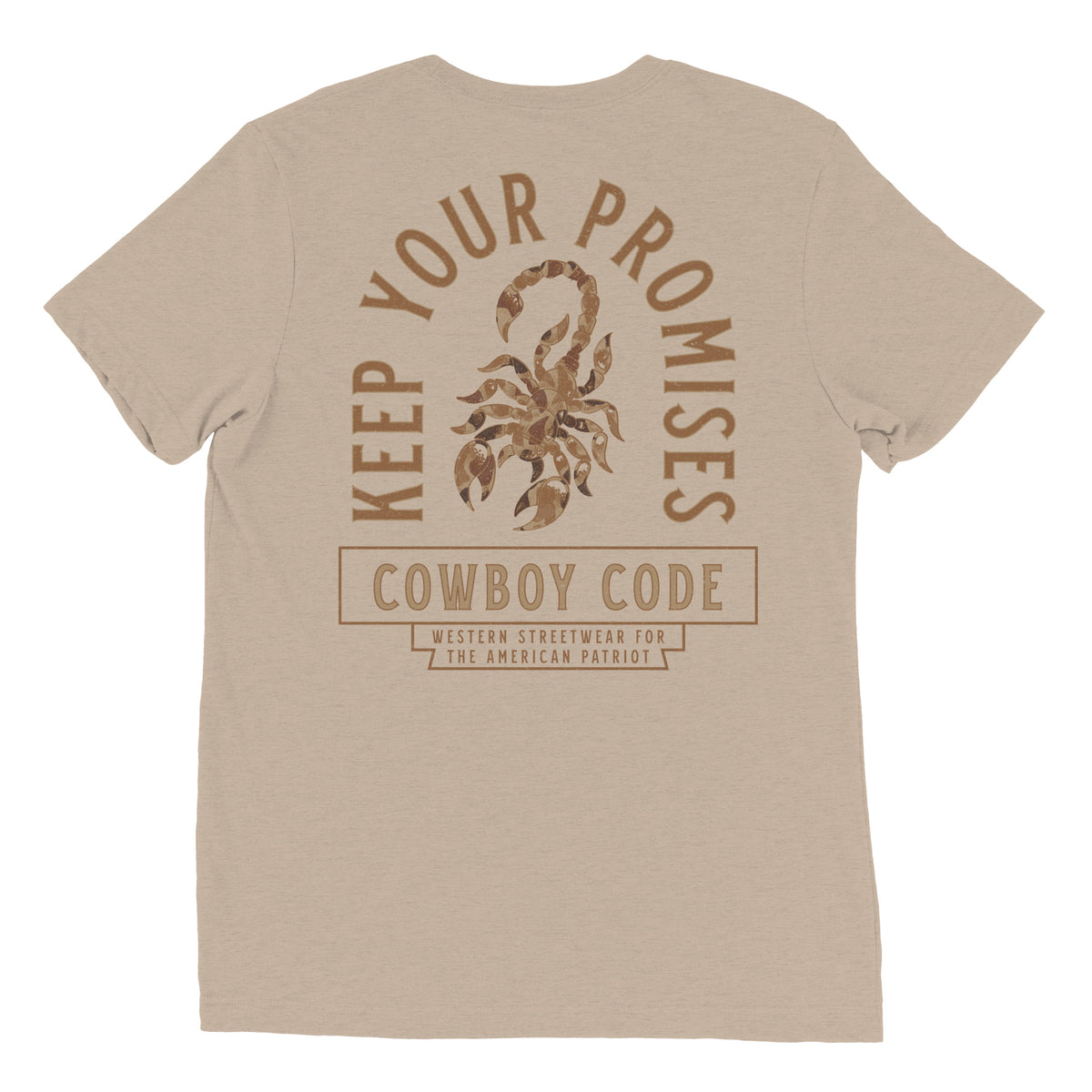 Cowboy Code #6 Keep Your Promises tee in Tan, back view, Cowboy Revolution Western graphic t-shirt