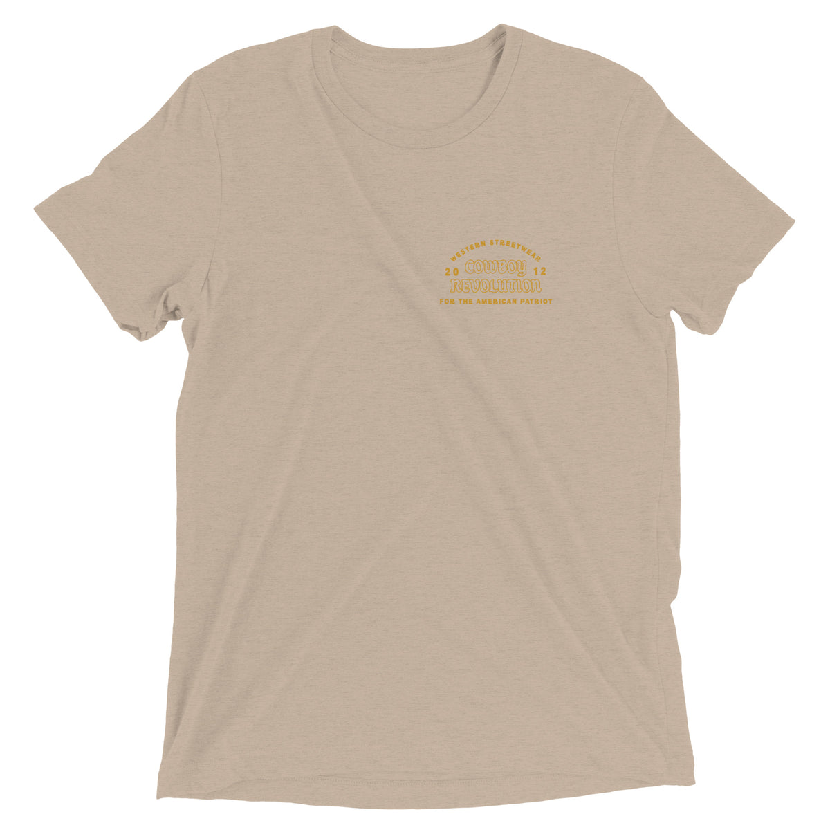 Cowboy Code #7 Ride for the Brand tee in Tan, front view, Cowboy Revolution Western graphic t-shirt