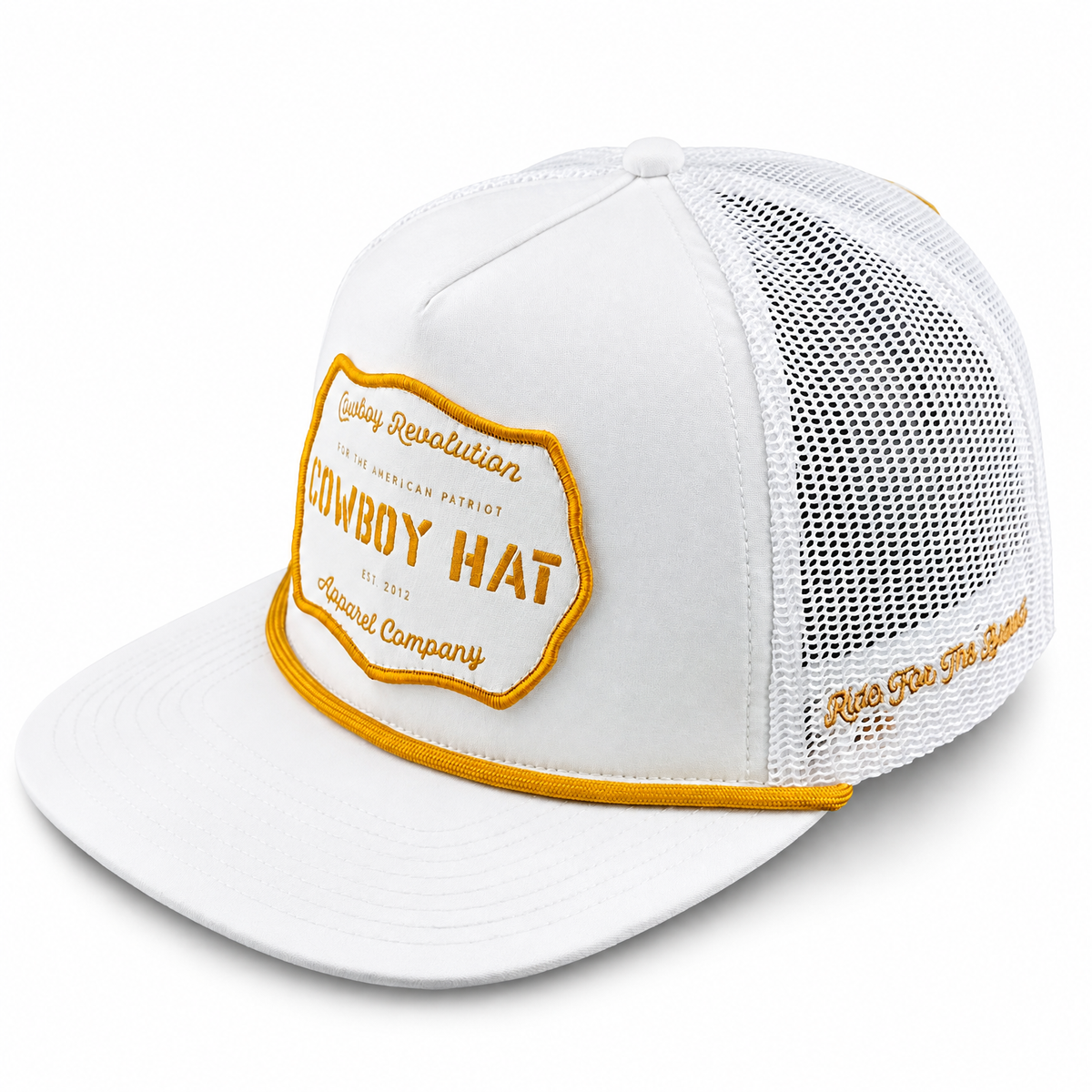 “Cowboy Hat” Patch Rope Trucker Hat - White